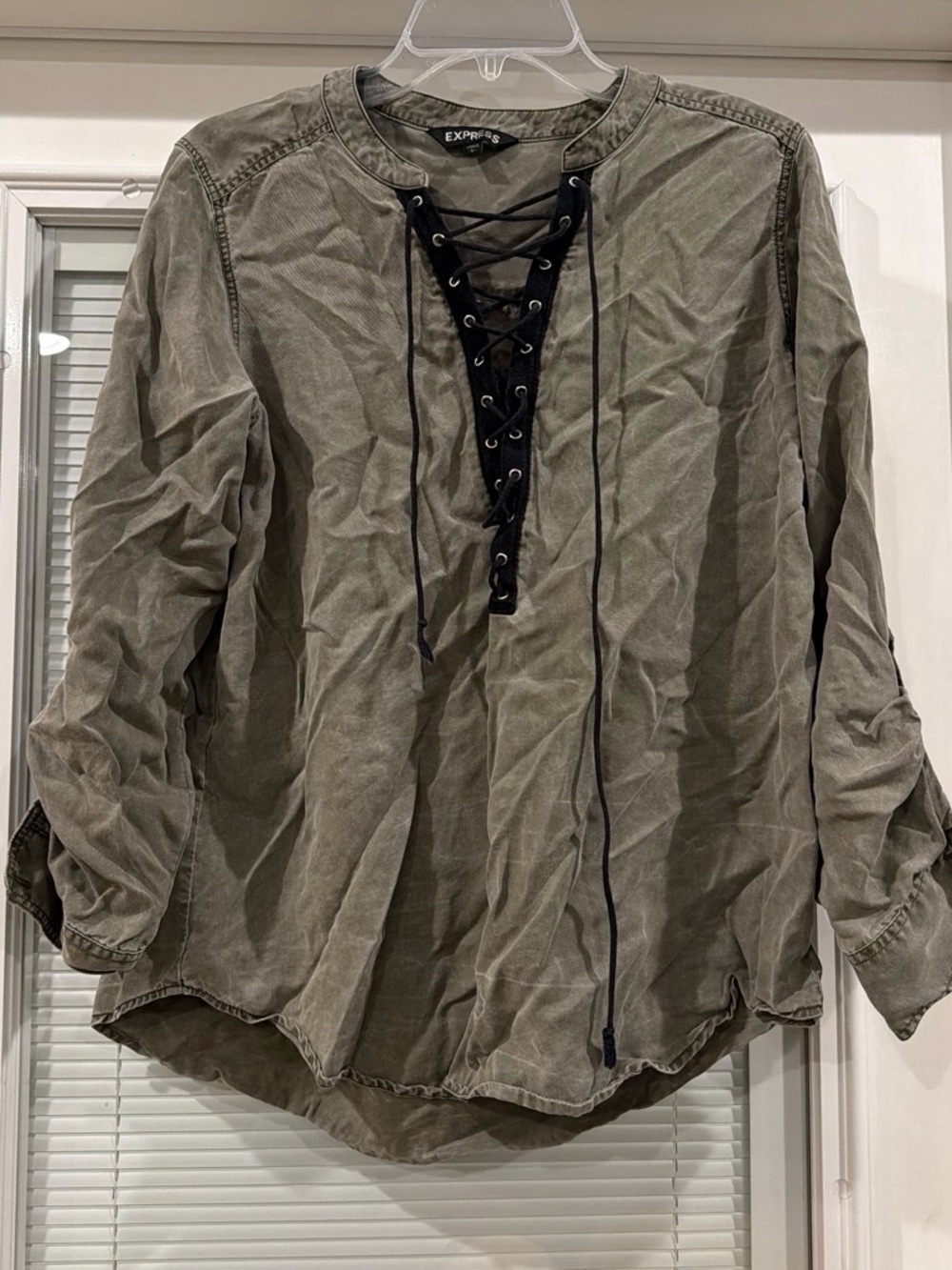 Express Olive Lace-Up Cotton-Blend Shirt Jacket